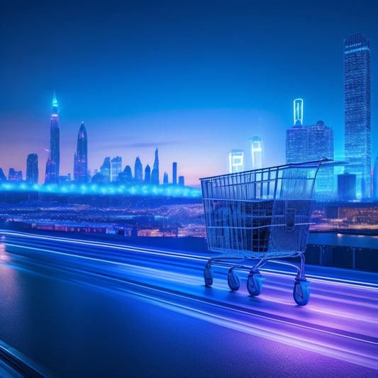 A futuristic, sleek, white shopping cart with glowing blue circuits and wires, hovering above a cityscape at dusk, with sleek skyscrapers and neon lights reflecting off the cart's metallic surface.