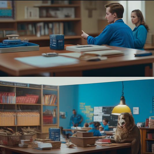 A split-screen image with a cluttered, dimly lit traditional classroom on one side, and a bright, modern, sleek online learning platform with various ecommerce products on shelves on the other.