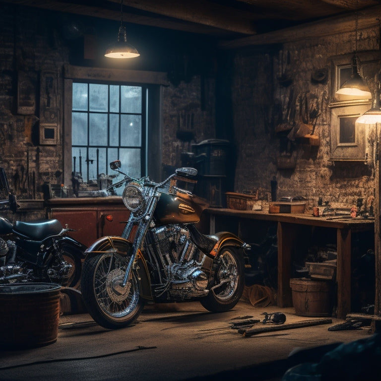 A dimly lit, cluttered garage workshop with a vintage Harley-Davidson Softail motorcycle centerstage, surrounded by scattered tools, manuals, and parts, with a single spotlight shining down.