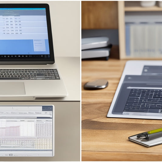 A split-screen image featuring a laptop with a spreadsheet open, surrounded by scattered calculators and pencils, alongside a minimalist illustration of a online storefront with digital products and a subtle upward trending graph in the background.