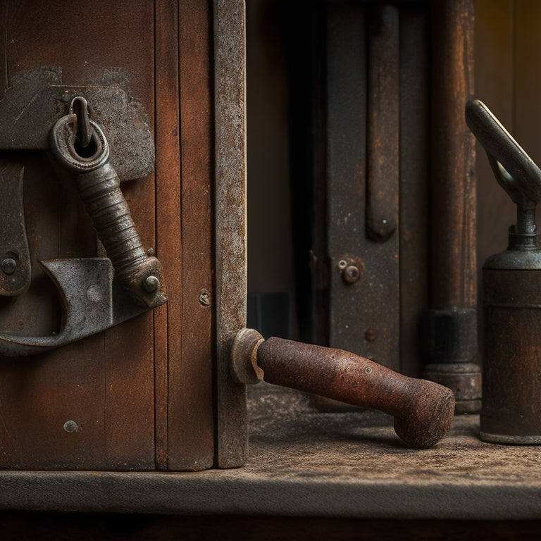 A rusty old lock on a worn wooden door, with a few drops of oil dripped onto its hinges, surrounded by scattered lock maintenance tools like a wrench and screwdriver.