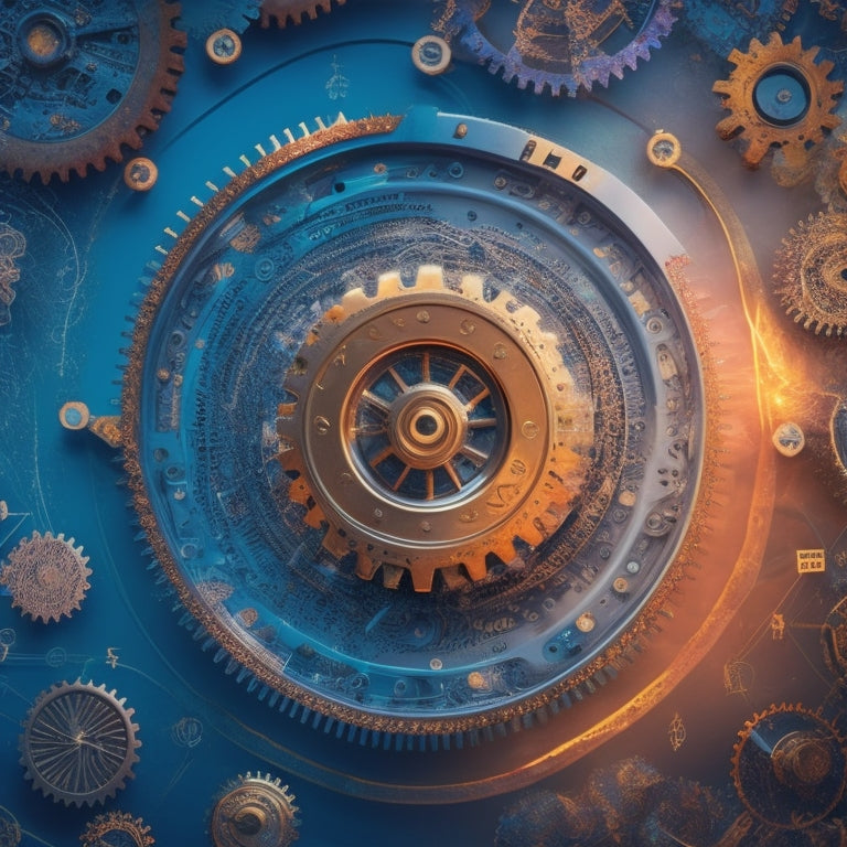 An abstract illustration of interconnected gears, with each gear containing a different ecommerce element (product images, customer reviews, etc.) surrounded by swirling lines of code, data streams, and sparks, conveying innovation and dynamism.