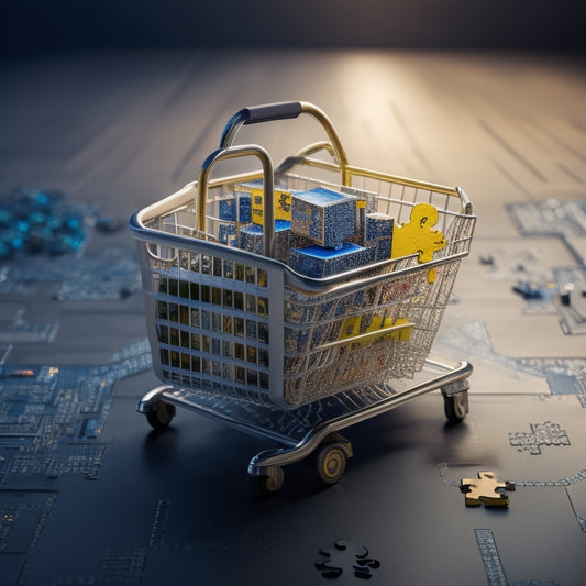 A shield protecting a shopping cart, surrounded by puzzle pieces forming a circle, with a subtle background of circuit boards and wires, conveying security and digital commerce.