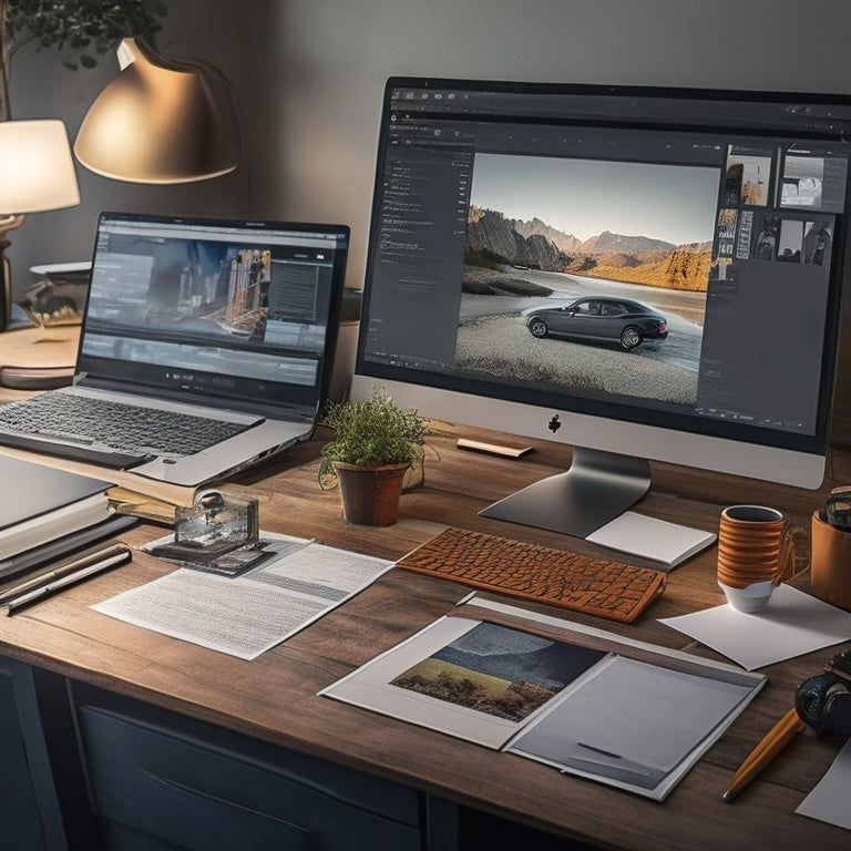 An illustration of a designer's workstation with a laptop, surrounded by scattered papers, notes, and design elements, transformed into an organized space with customizable templates and folders on the laptop screen.