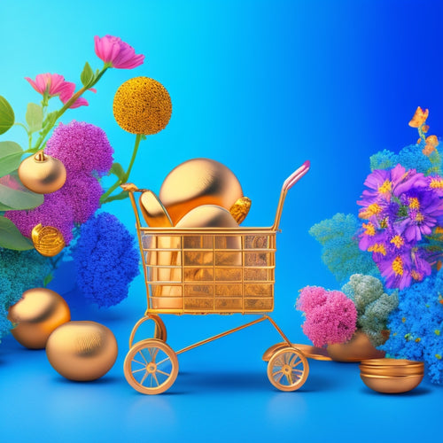 A bright, modern illustration featuring a stylized ecommerce shopping cart overflowing with gold coins, surrounded by blooming flowers and vines, set against a calm, gradient blue background.