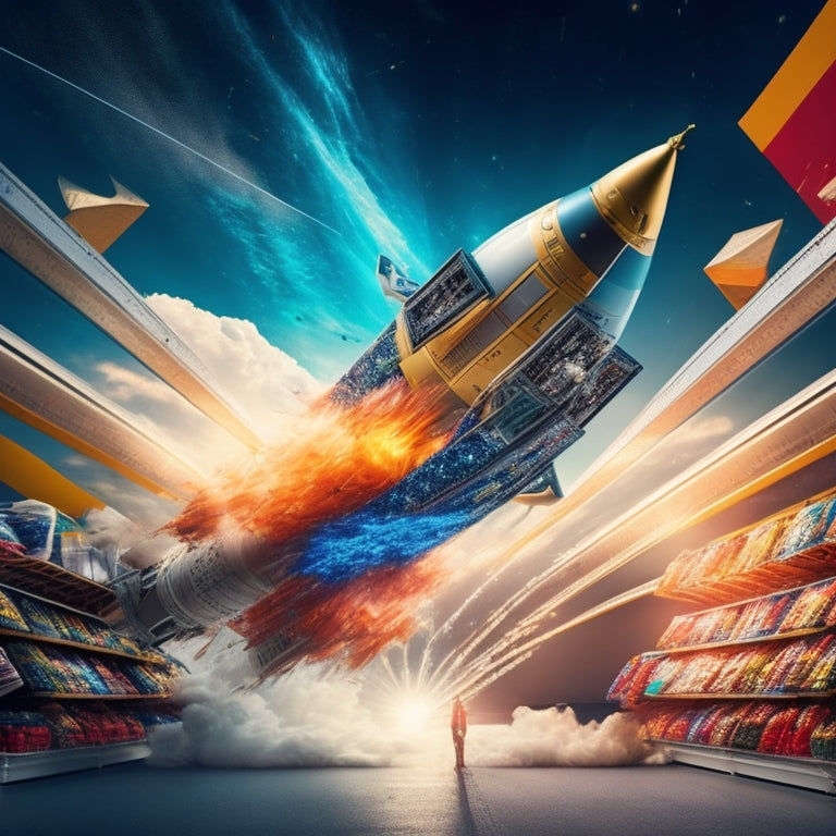 A soaring rocket ship made of stacked shopping carts, bursting through a stylized, shattered glass ceiling, amidst a whirlwind of swirling business suits and briefcases.