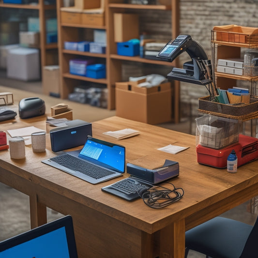 An organized desk with a laptop, tablet, and smartphone, surrounded by a mini warehouse with shelves of boxes, a barcode scanner, a credit card terminal, and a few scattered shipping labels.