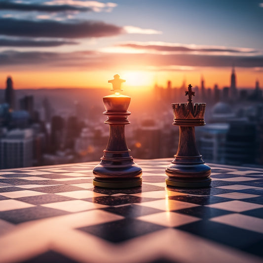 A majestic chessboard with a lone, golden pawn standing tall on a checkered square, surrounded by scattered, toppled pawns, set against a blurred, cityscape background at sunset.