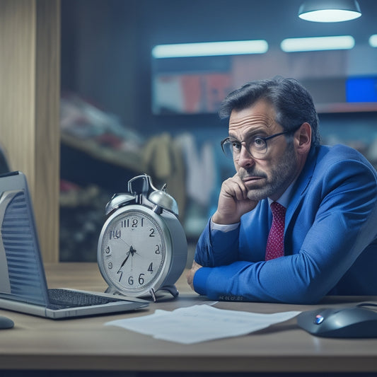 A frustrated customer sitting in front of a desktop computer with a slow-loading progress bar on the screen, surrounded by abandoned shopping bags and torn packaging, with a clock ticking in the background.