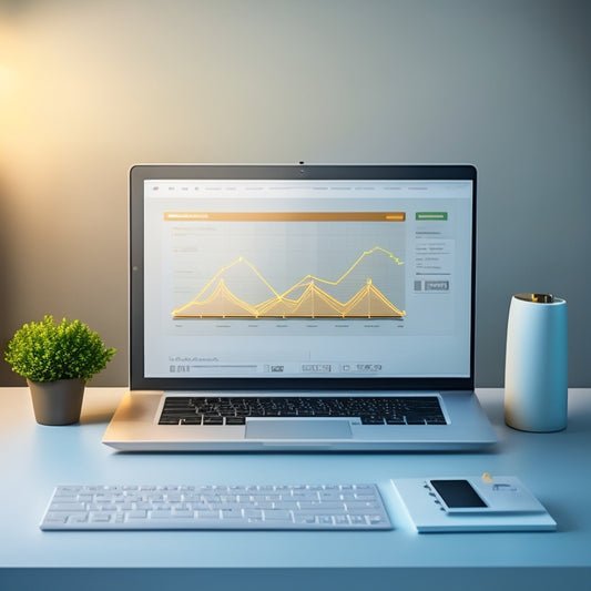 A futuristic, minimalist illustration of a laptop screen displaying a thriving online store with digital products and courses, surrounded by growing graphs, gears, and subtle lightbulb moments.