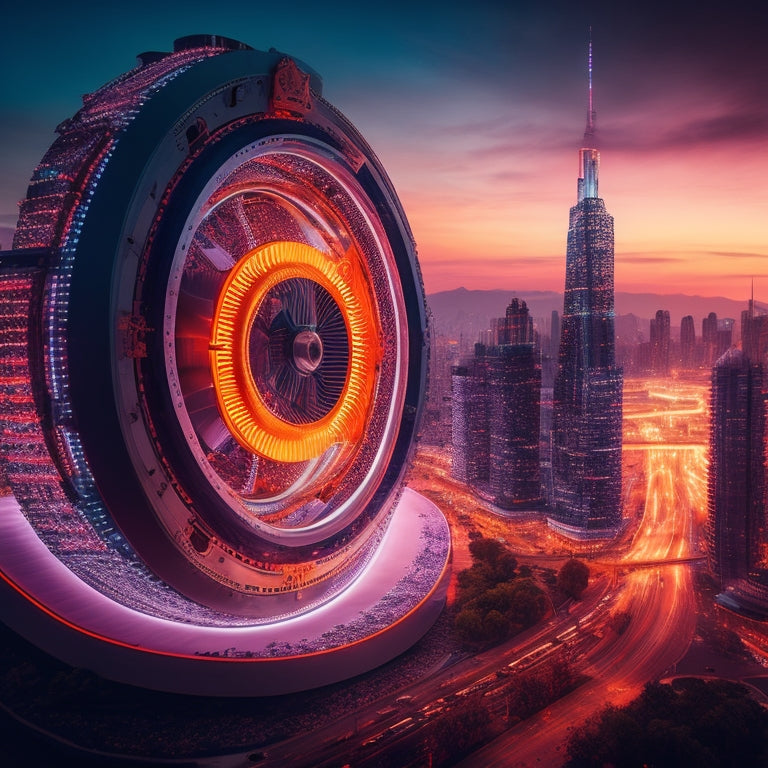 A futuristic cityscape at dusk with sleek skyscrapers and neon lights, featuring a massive gear or cogwheel in the center, surrounded by orbiting smaller gears, with a subtle arrow pattern implying upward momentum.