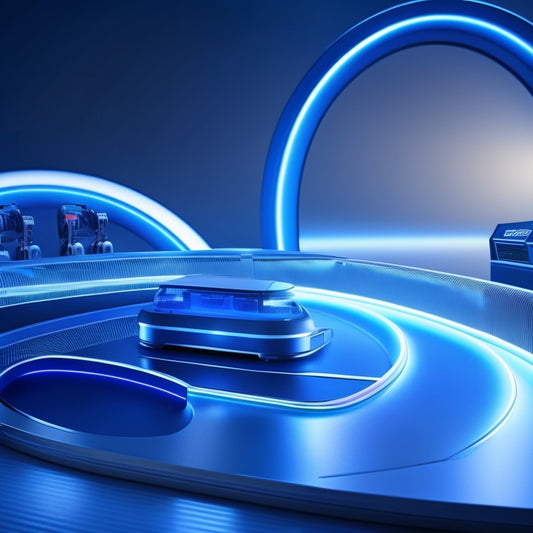 A futuristic, sleek conveyor belt with various product options and customizations moving swiftly along it, surrounded by holographic screens and robotic arms, set against a dark blue and silver background.