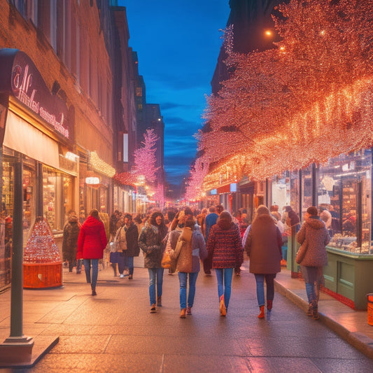 A bustling shopping street at dusk with twinkling holiday lights, crowded sidewalks, and storefronts adorned with festive decorations, showcasing a mix of busy shoppers and joyful window displays.