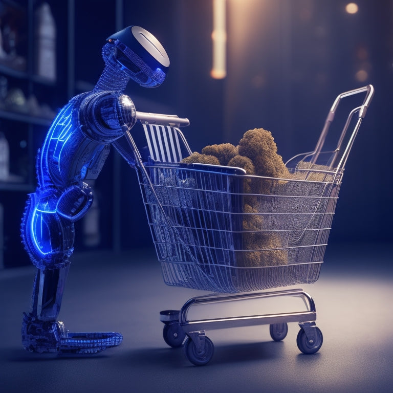 A futuristic, sleek robot arm grasping a WooCommerce shopping cart, with AWeber's logo emblazoned on its metallic arm, surrounded by swirling lines of code and sparkling digital connections.