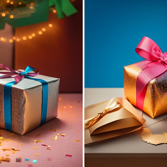 A split-screen image featuring a beautifully wrapped gift on the left with a bow and ribbons, and a gift card with a ripped wrapper on the right, surrounded by discarded packaging and confetti.