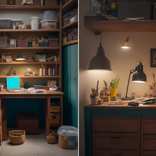 A split-screen image featuring a cluttered, dimly lit workspace with scattered papers and crafting supplies on one side, and a tidy, organized workspace with a laptop and neatly arranged shelves on the other.