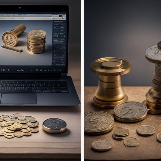 A split-screen image with a digital scale on the left, balancing a pile of coins and a laptop with a graph on the screen, and a puzzle piece fitting into a price tag on the right.