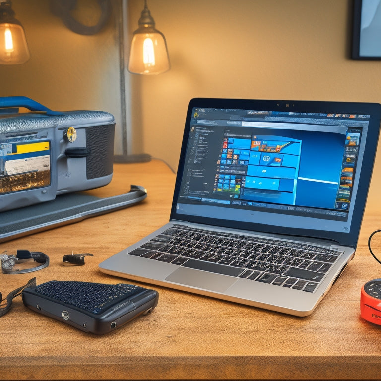 A split-screen image featuring a laptop with a analytics dashboard on the screen, alongside a physical toolbox with various measurement tools such as a tape measure, level, and caliper.