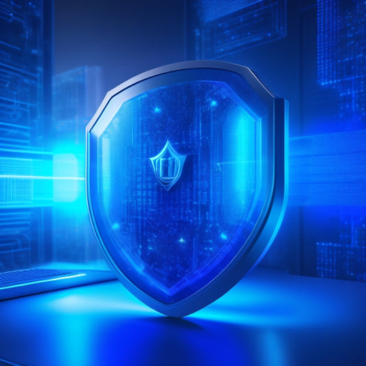 A shield icon surrounded by glowing blue circuits, with a subtle gradient background resembling a digital landscape, and a faint outline of a laptop in the distance.