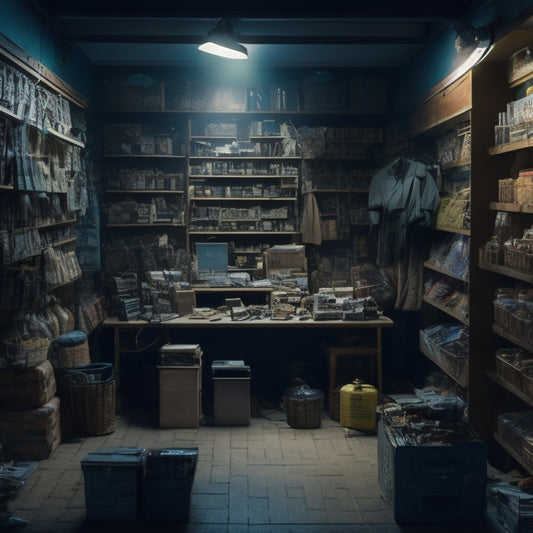 A dimly lit, cluttered online storefront with shelves overflowing with digital products, tangled cords, and broken tablets, surrounded by a maze of confusing navigation symbols and broken locks.