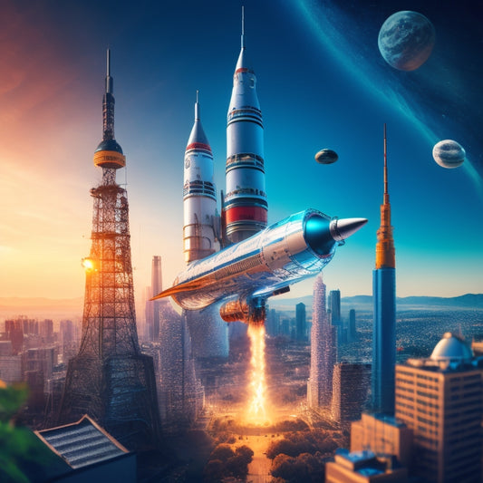 An illustration of a rocket ship blasting off into the digital sky, surrounded by orbiting gears, cogs, and puzzle pieces, with a subtle cityscape in the background, symbolizing innovative solutions and seamless integration.
