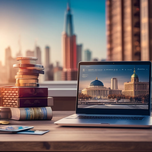 A laptop screen displaying a rising revenue graph, surrounded by coins and a miniature graduation cap, on a wooden desk with a subtle cityscape background, symbolizing online course success.