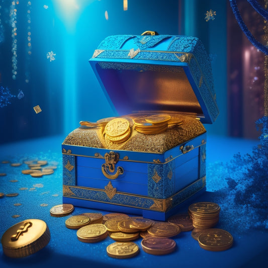 A golden key unlocking a treasure chest overflowing with coins, surrounded by a whirlwind of money signs and rising graphs, set against a vibrant blue background with subtle sparkles.