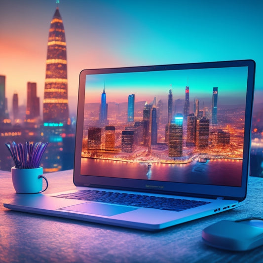 A stylized illustration of a laptop with a glowing screen displaying a mini ecommerce website, surrounded by swirling arrows and abstract shapes representing digital downloads, with a subtle cityscape background.