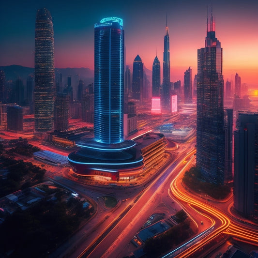 A futuristic, sleek cityscape at dusk with towering skyscrapers, neon lights, and bustling streets, featuring a central building with a glowing, pulsing merchant services hub at its core.