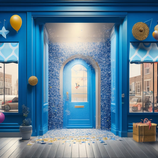 A stylized, modern illustration of a storefront with a broken chain and an open door, surrounded by bursting shopping bags, confetti, and soaring rockets, set against a bright blue background.