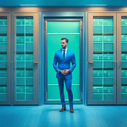An illustration of a businessman standing in front of a large, organized filing cabinet with labeled drawers, surrounded by minimalistic icons of locks, shields, and checkmarks in a calming blue and green color scheme.