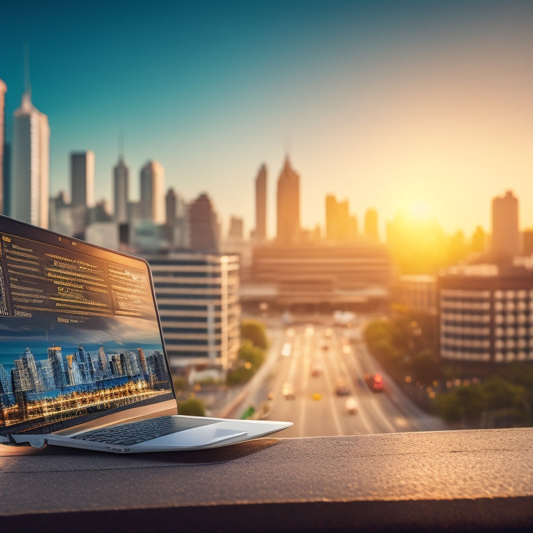 An illustration of a roadmap unfolding into a laptop screen, with a subtle cityscape in the background, featuring a stylized shopping cart and arrows pointing upward, symbolizing growth and success.