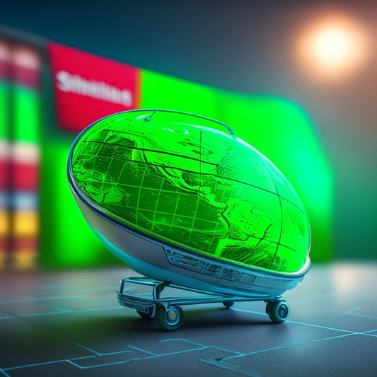 A stylized, futuristic illustration of a shield protecting an ecommerce cart, with a subtle map of the world in the background, and a series of declining red lines transforming into ascending green lines.