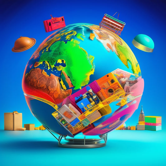 A stylized illustration of a globe with emerging markets highlighted in vibrant colors, surrounded by e-commerce symbols, such as shopping carts, laptops, and smartphones, with circuit boards and wires weaving together.
