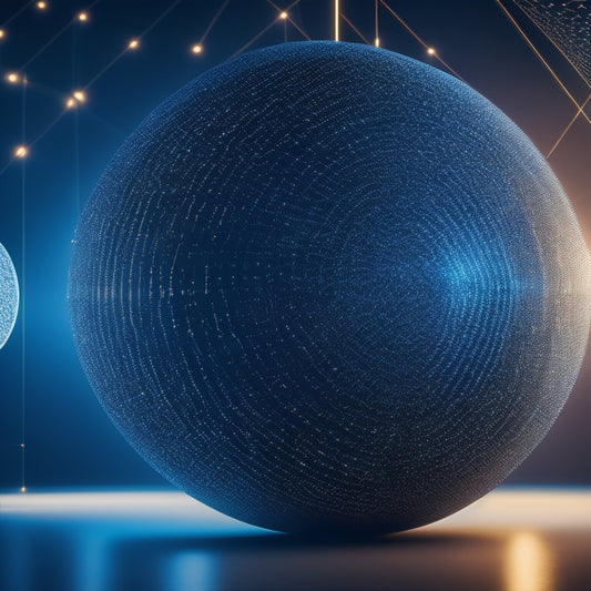 A futuristic, minimalist background with sleek lines and a subtle grid pattern, featuring a stylized, glowing merchant's scale surrounded by swirling, curved lines of light and orbiting digital nodes.
