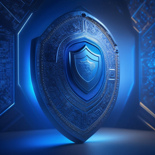 A shield emblem with a digital circuitry pattern in the background, surrounded by a halo of light, with a subtle lock icon embedded in the center, set against a dark blue gradient.