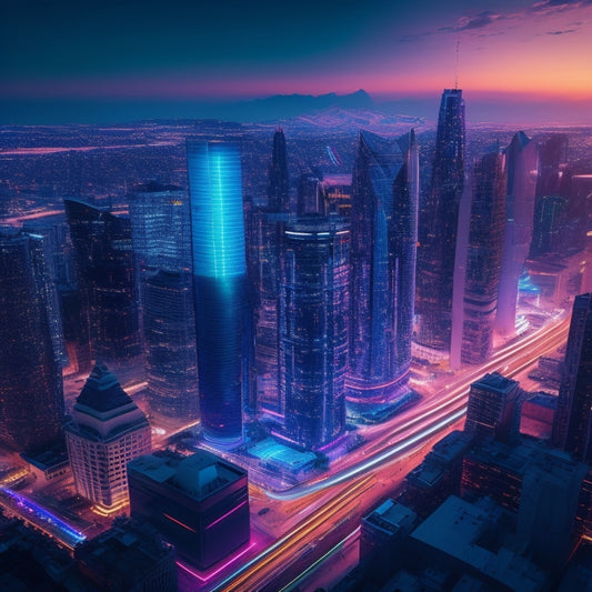 A futuristic, high-tech cityscape at dusk with sleek skyscrapers, neon lights, and holographic projections, featuring a prominent, glowing distribution hub at the center, radiating connectivity and innovation.