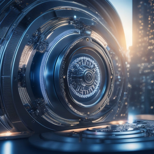 A futuristic, sleek, silver gear emerging from a maze, surrounded by radiant light, with interconnected nodes and circuits in the background, conveying innovation and transformation.