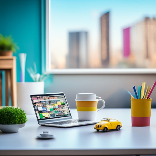 A minimalist illustration of a laptop on a modern desk, surrounded by scattered colorful sticky notes, a cup of coffee, and a miniature shopping cart, with a subtle cityscape background.