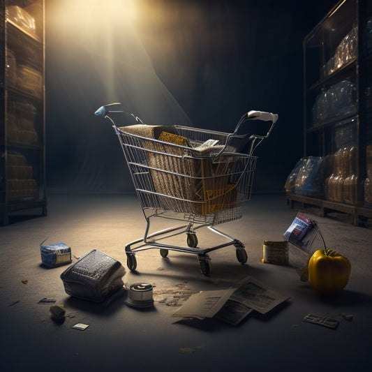 An illustration of a deserted, dimly lit online shopping cart, with a few scattered products spilling out, surrounded by broken locks, torn coupons, and a faint, cracked Wi-Fi symbol in the background.