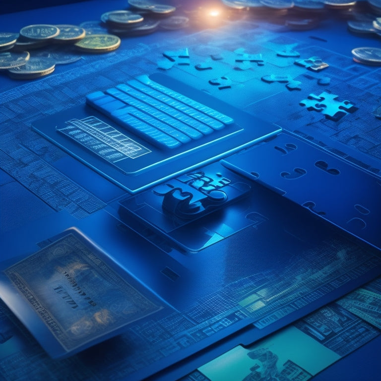 A futuristic, high-contrast illustration featuring a puzzle piece fitting into a grid, surrounded by cryptic codes, credit card icons, and subtle money patterns in the background.