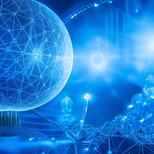 An abstract illustration of interconnected gears, wires, and nodes in shades of blue and white, forming a futuristic network, with lightbulbs and shopping carts orbiting around a central hub.