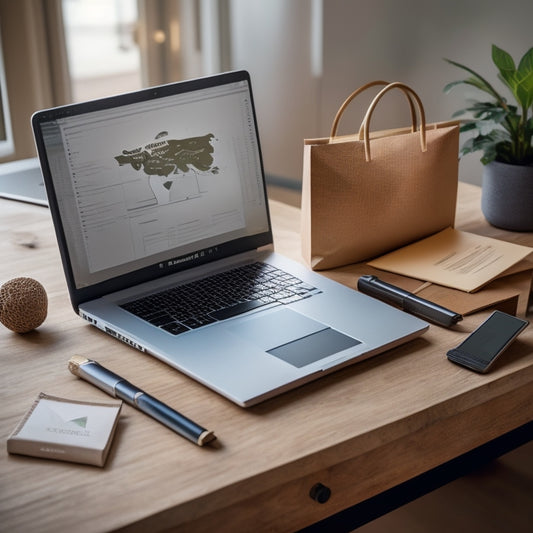 An illustration of a laptop on a desk with a miniature online course platform on the screen, surrounded by ecommerce boxes, shopping bags, and a subtle background of rising graphs and charts.