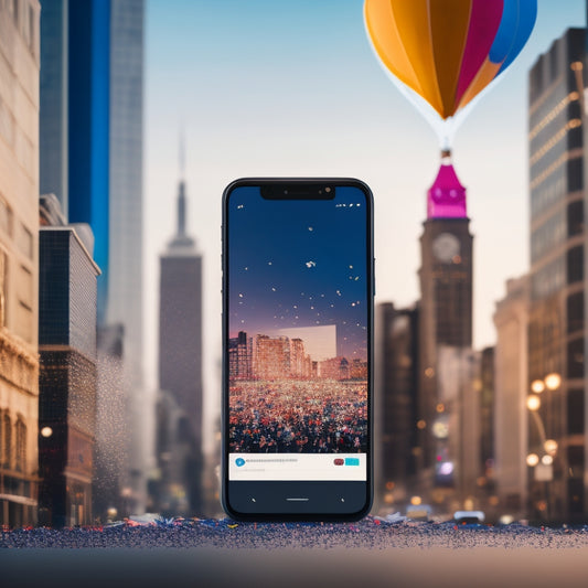 A modern, minimalist illustration featuring a smartphone with a Shopify storefront displayed on its screen, surrounded by confetti, balloons, and a subtle cityscape background, conveying excitement and entrepreneurship.