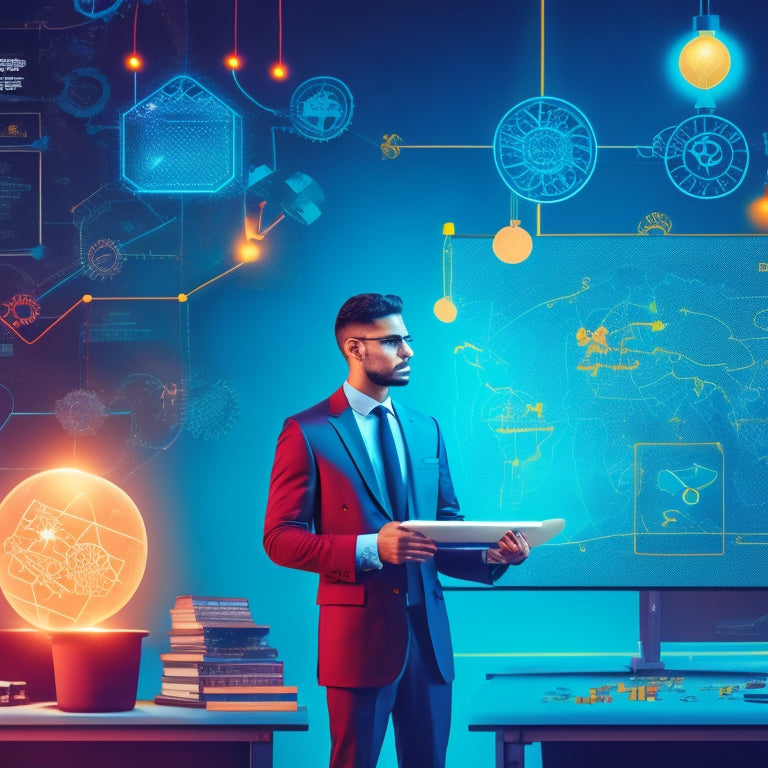 A stylized illustration of a merchant standing in front of a virtual blackboard, surrounded by puzzle pieces, gears, and lightbulbs, with a subtle background of online course platforms and laptops.