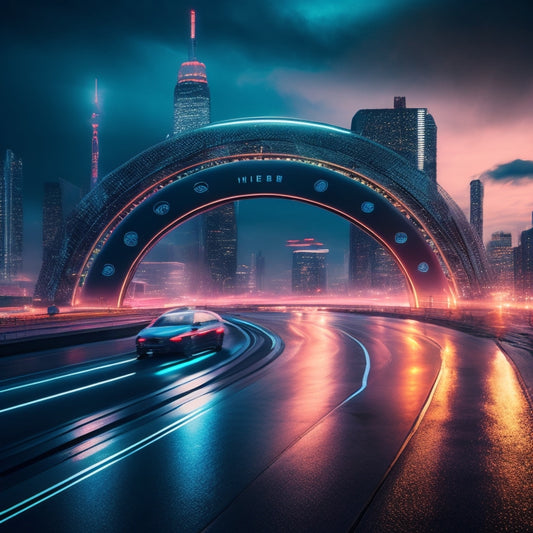 A futuristic, sleek, and modern cityscape at dusk with neon lights reflecting off the wet pavement, featuring a colossal, glowing e-commerce symbol at the center, surrounded by orbiting gears and cogs.