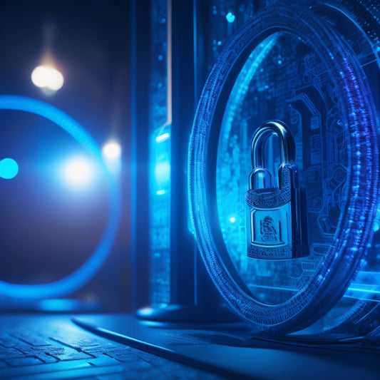 A padlock with a glowing blue keyhole, surrounded by swirling digital circuits and faint images of shopping carts, credit cards, and laptops in the background, set against a dark blue gradient.