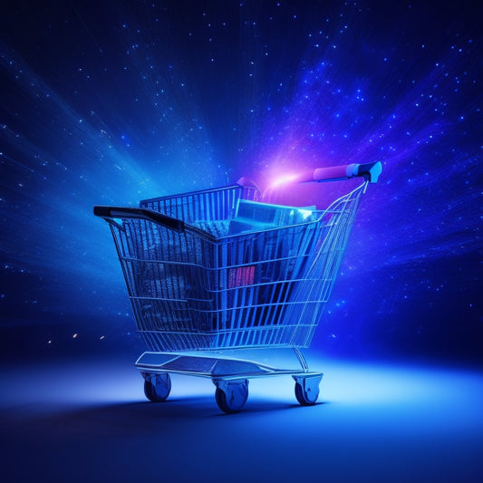 A futuristic, sleek, and minimalist illustration featuring a shopping cart bursting with digital sparks, surrounded by orbiting gears, circuits, and spheres, set against a dark blue gradient background with subtle grid patterns.