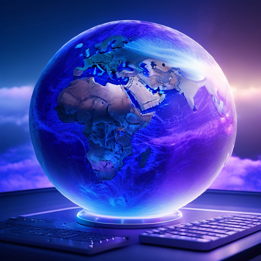 A futuristic, glowing globe surrounded by swirling clouds of 1s and 0s, with a subtle gradient of blues and purples, and a faint outline of a laptop or tablet in the center.