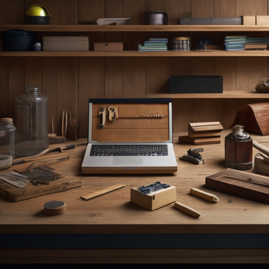 A minimalist illustration of a wooden workbench with a blueprint rolled out, surrounded by crafting tools, a laptop, and a few stacked boxes, set against a warm, natural woodgrain background.